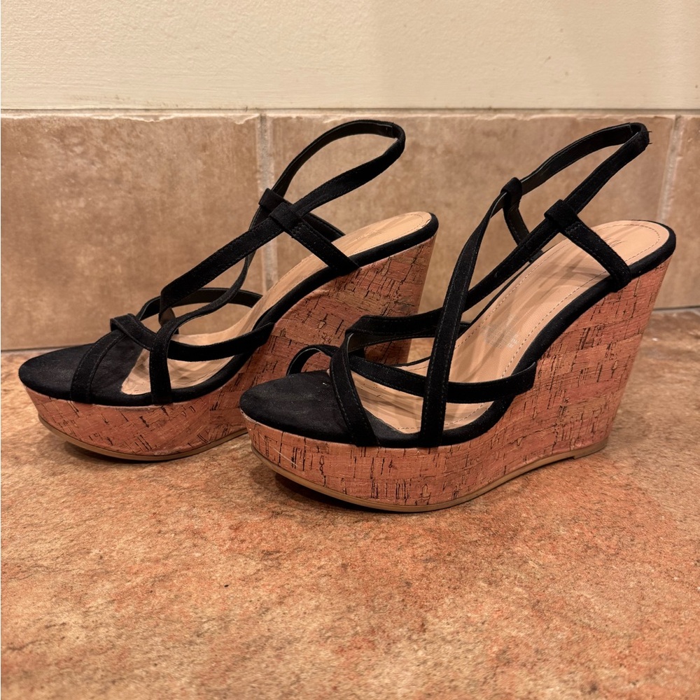 H&M Black and Brown Wedge Sandals with Cork Heel